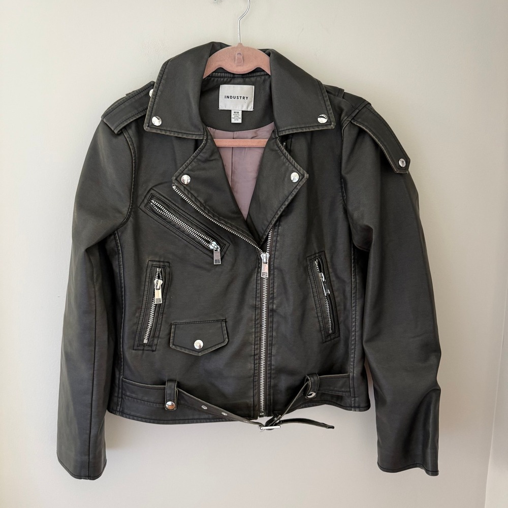 Industry Black Faux Leather Moto Biker Jacket‎ Womens MediumZip Belt